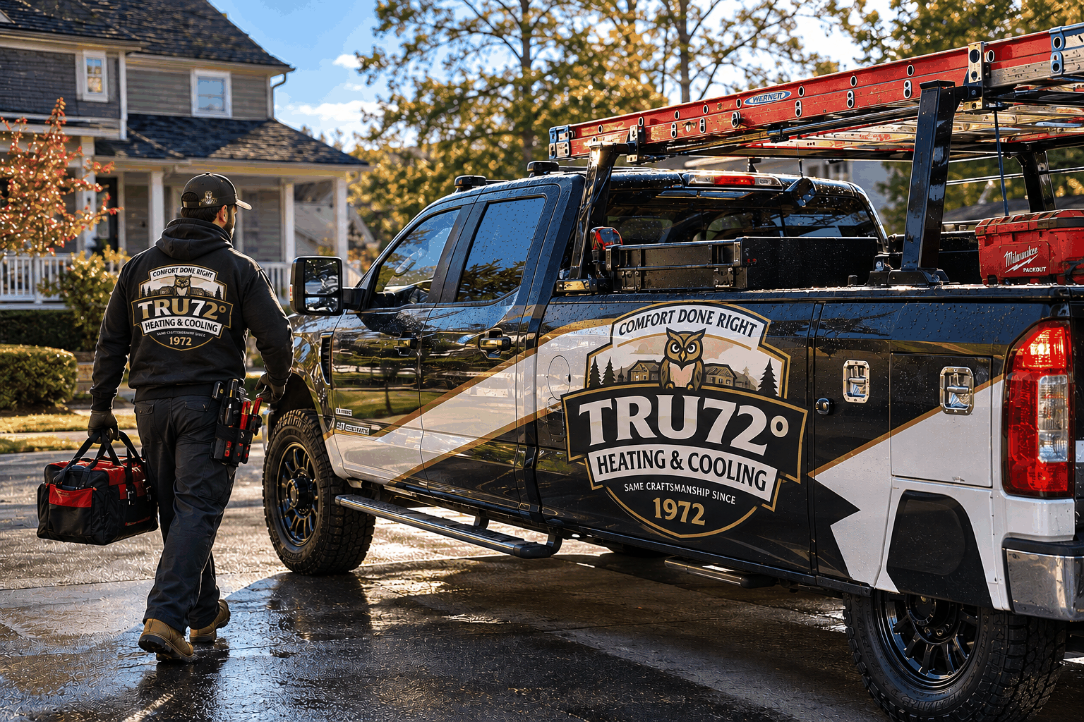 A Tru72 technician carrying a tool bag to a wrapped Tru72 service truck outside a Charlotte-area home
