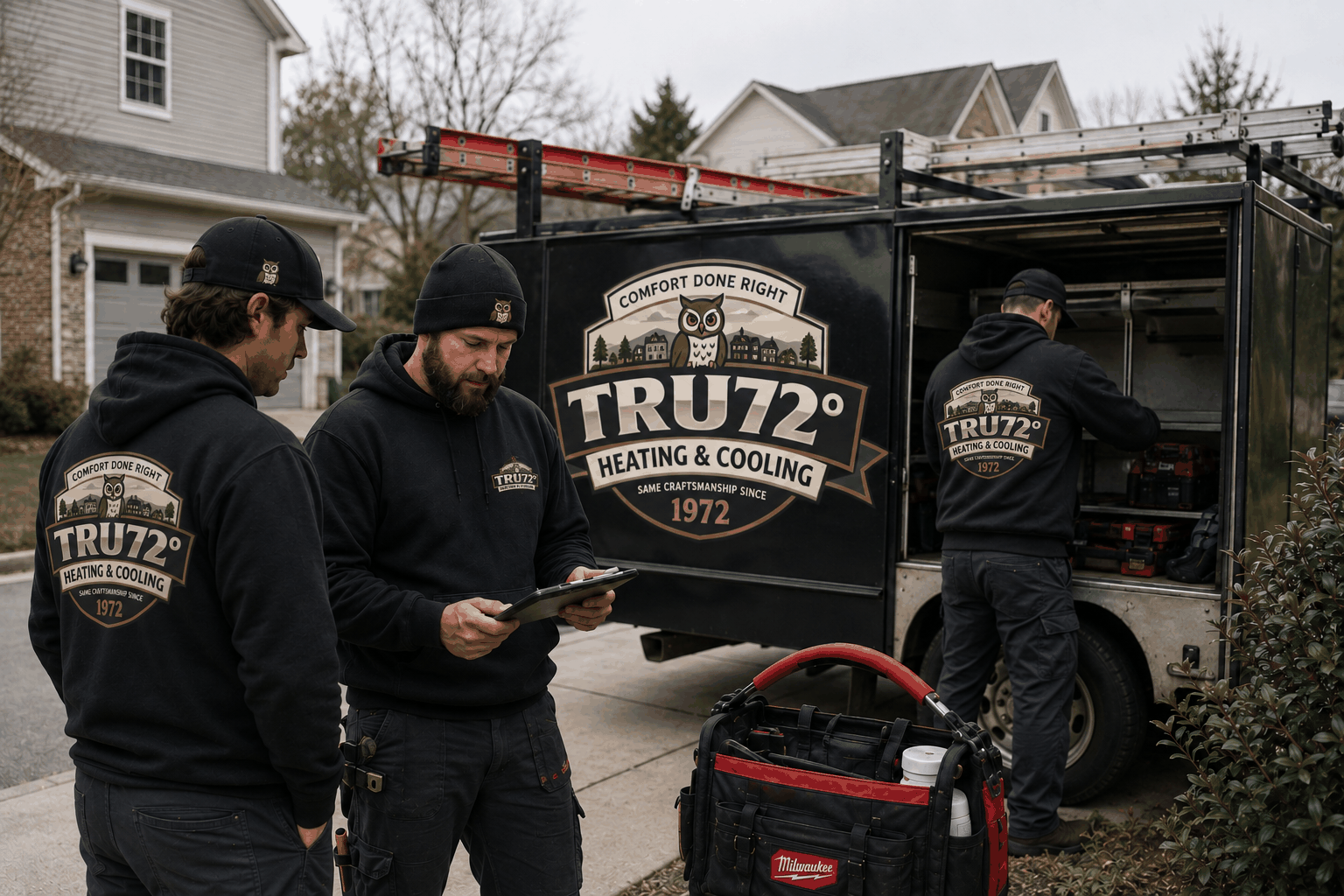 Three Tru72 technicians reviewing a job on a tablet beside a Tru72 service truck in a residential driveway